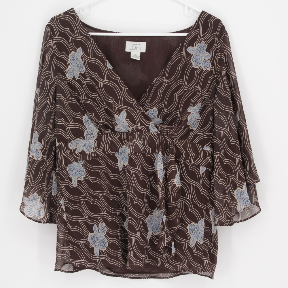 Ann Taylor Loft Women's Brown Floral‎ Faux Wrap Bell Sleeve Blouse Size 14